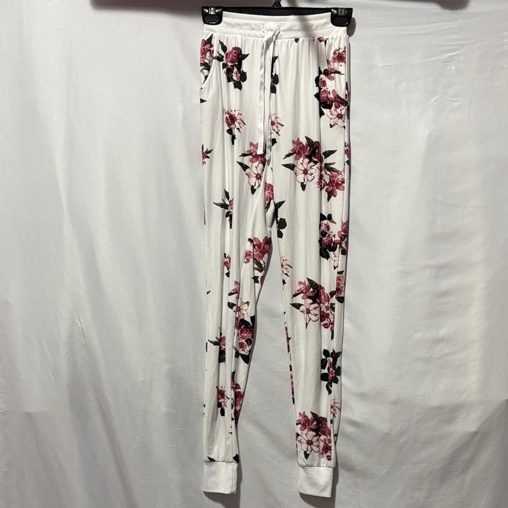 Ardene Floral Track Pants - White and Pink XS169